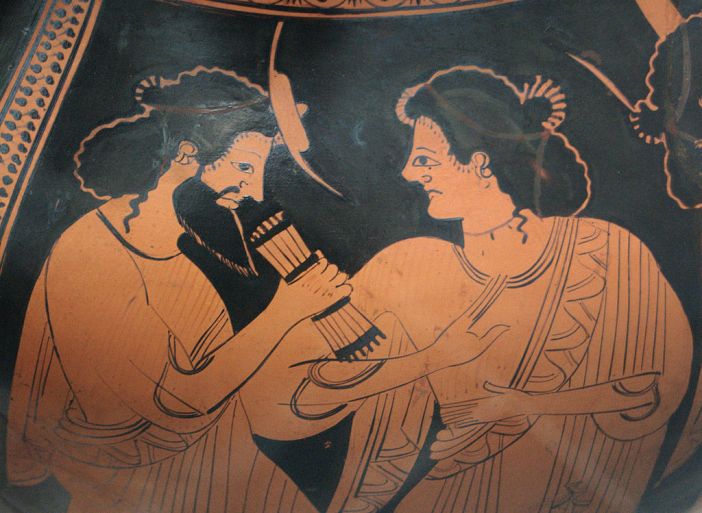 Hermes with his mother Maia. Detail of the side B of an Attic red-figure belly-amphora, c. 500 BC.