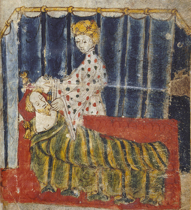 Lady Bertilak at Gawain's bed (from original manuscript, artist unknown)