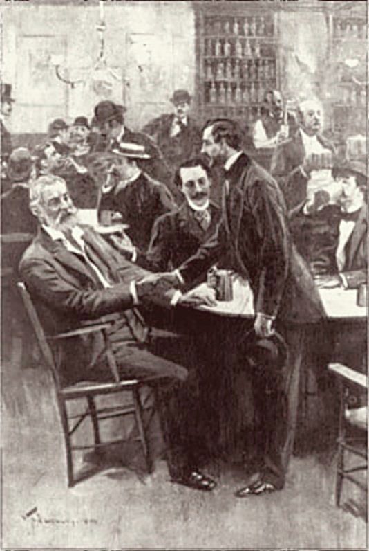  Pfaff's beer cellar in 1857. Depicted seated is Walt Whitman.