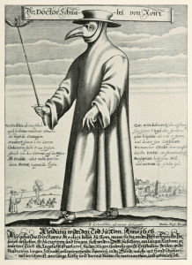 Copper engraving of Doctor Schnabel [i.e. Dr. Beak] (a plague doctor in 17th-century Rome) with a satirical macaronic poem ("Vos Creditis, als eine Fabel, / quod scribitur vom Doctor Schnabel")