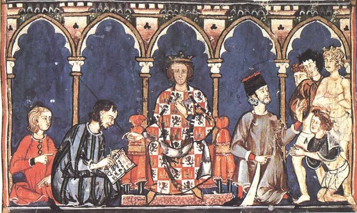 Alfonso X as a judge, from his Libro de los Dados,[2] completed ca. 1280